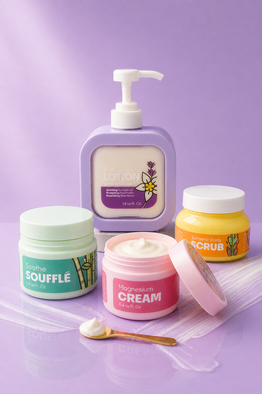 EssenZen Botanicals handcrafted body products styled in a spa-inspired flat lay