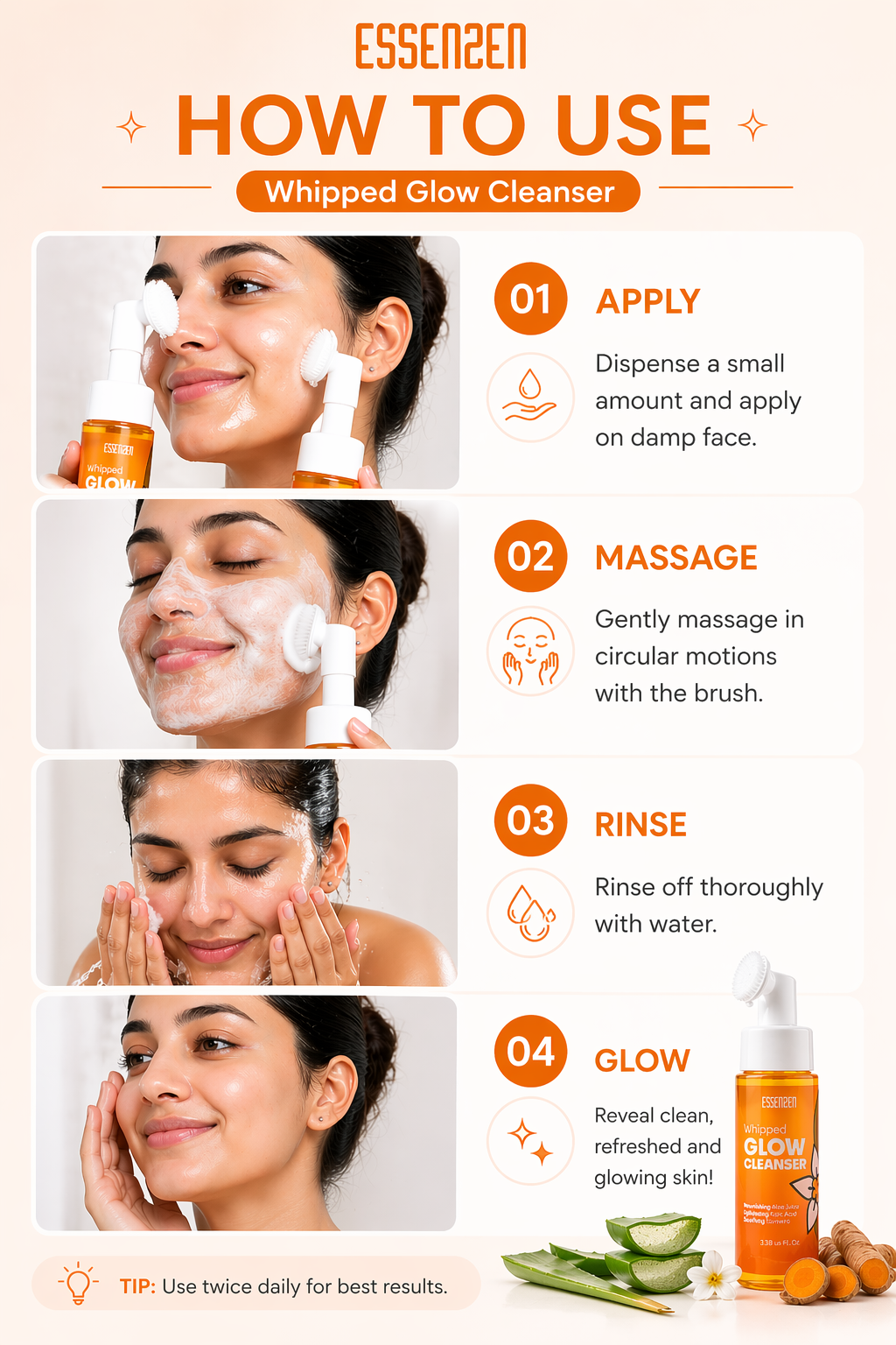 Step-by-step guide on how to use a whipped glow cleanser with a woman applying it and text instructions.