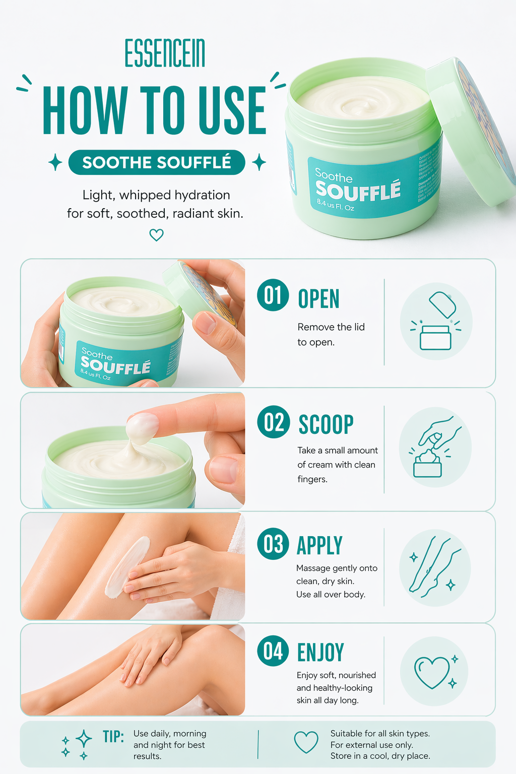Instructions on how to use a sofflé product with a jar and application steps.