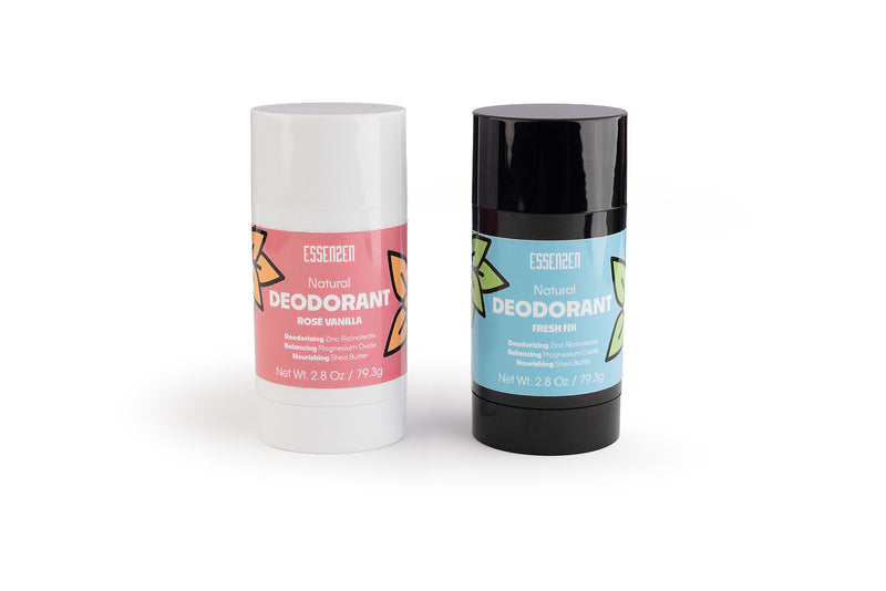 Two deodorant sticks, one pink and one black, on a white background. EssenZen natural deodorant – aluminum-free, toxin-free deodorant for sensitive skin