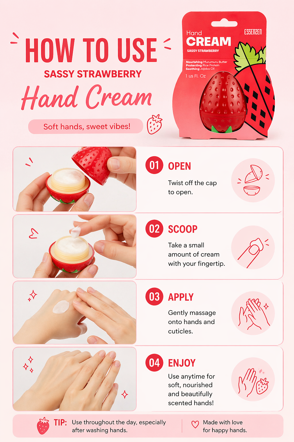 Instructions on how to use Sassy Strawberry hand cream with step-by-step illustrations.
