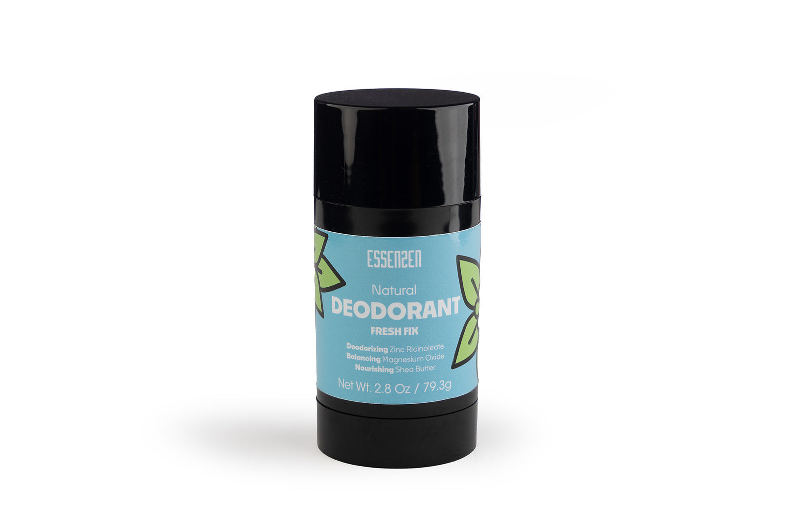 Deodorant stick with black cap and blue label on a white background. EssenZen Botanicals natural deodorant with clean ingredients
