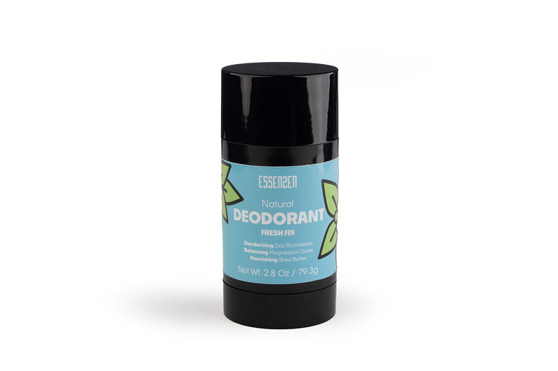 Deodorant stick with black cap and blue label on a white background. EssenZen Botanicals natural deodorant with clean ingredients