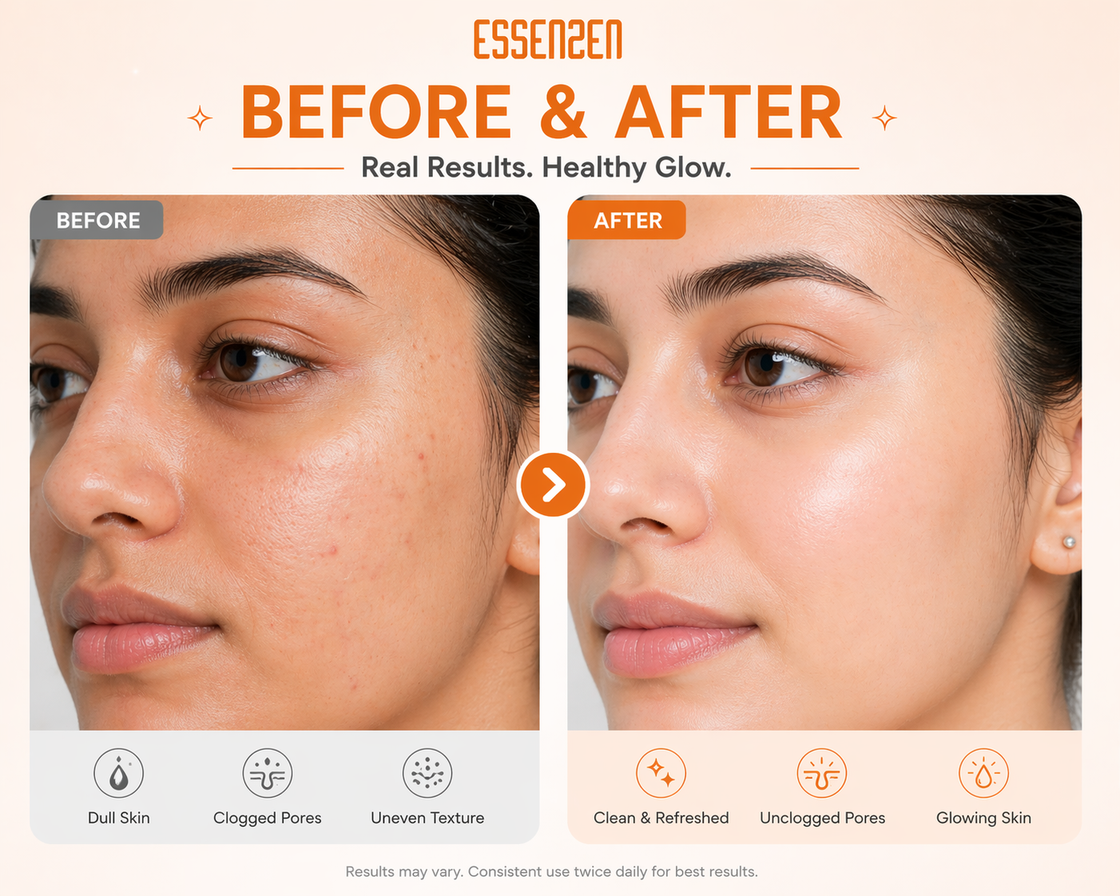 Before and after comparison of a person's face with text indicating product effects.