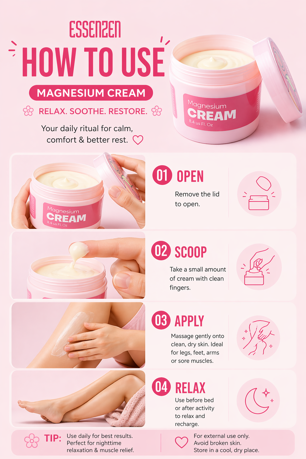 Instructional guide on how to use magnesium cream with a jar of cream and application steps.
