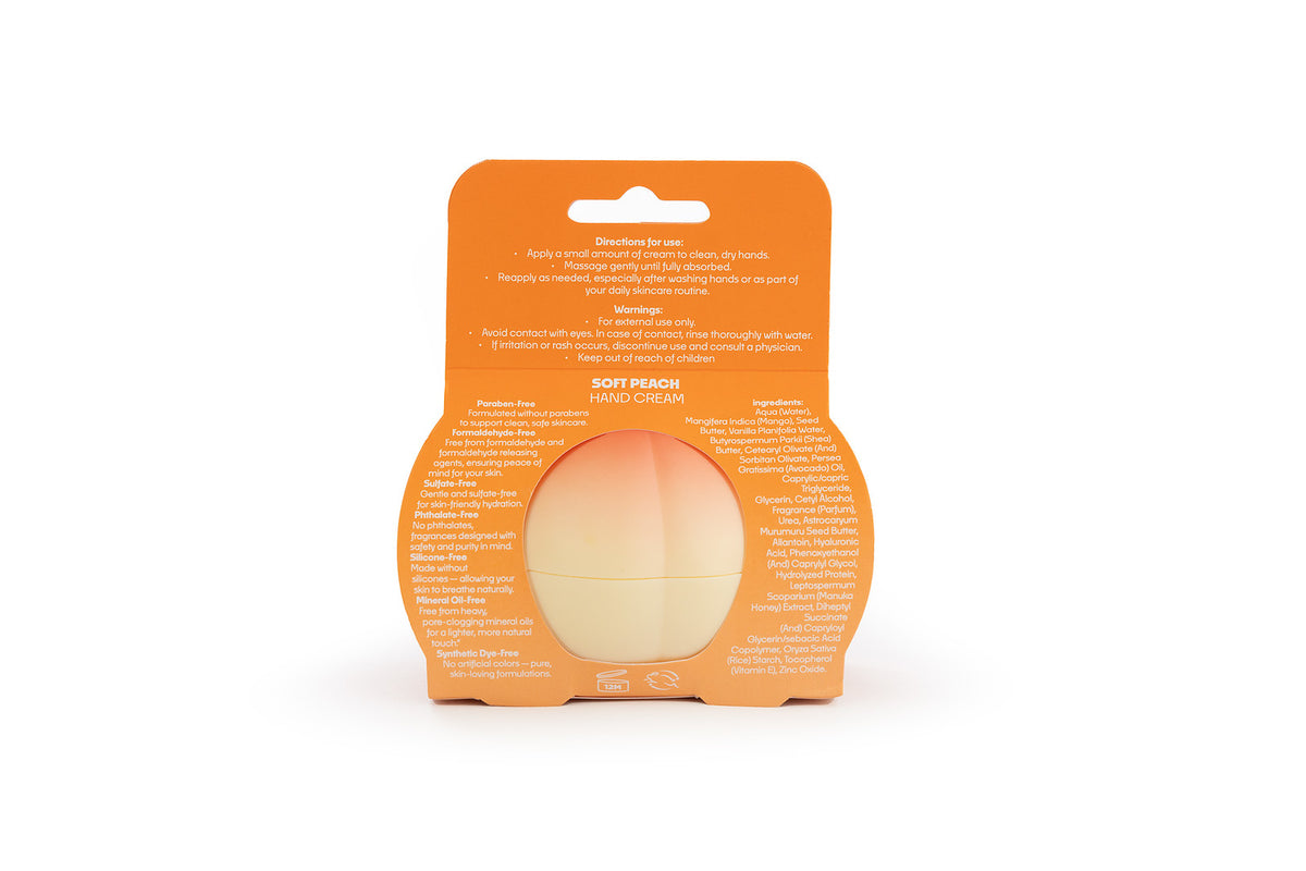 Hand cream tube with elegant, peach-themed packaging for soft, nourished hands