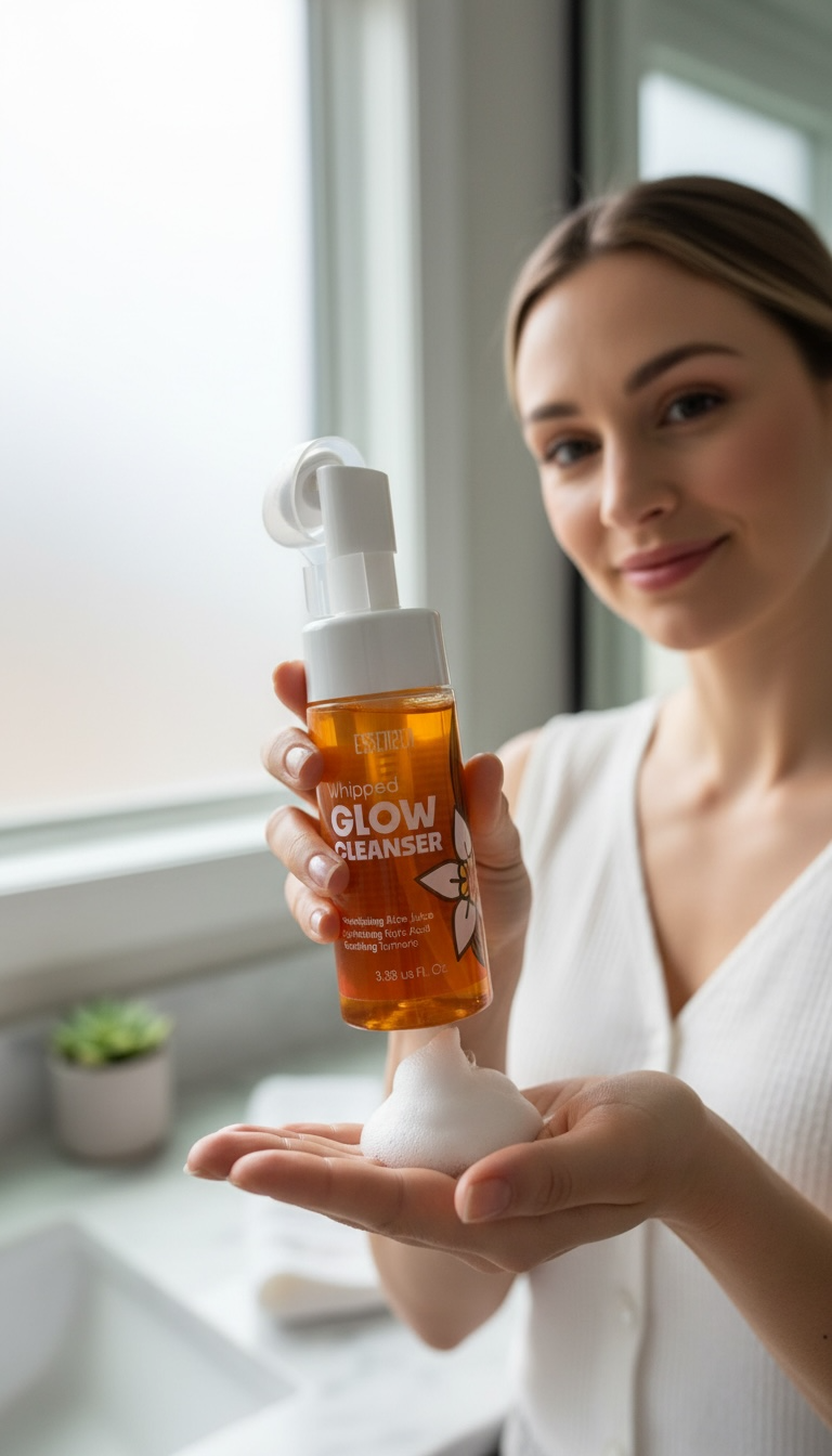 A lady showing the face wash with pumped foam in her hand from the best brightening and clearing acne spot and dark spot from the face with turmeric and kojic acid and other brightening and hydrating ingredients 