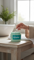 Hand holding a container of Souffle cream on a wooden surface with a blurred background
